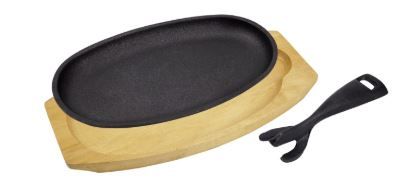 Photo 1 of DVK Cast Iron Skillet Sizzling Plate With Wooden Base Fajita Skillet With Removable Handle For Home Barbeque Kitchen Service