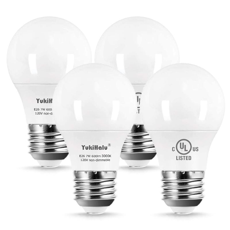 Photo 1 of YukiHalu A15 LED Light Bulbs, 60W Equivalent, E26 Base, 2700K/3000K/5000k White, 7W 600 Lumens 120V, UL Listed, Ceiling Fan Light Bulbs, Appliance Bulb, Not Dimmable, Pack of 4 (3000K Warm White)