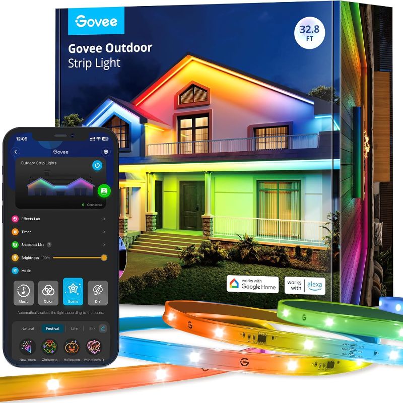 Photo 1 of Govee Outdoor LED Strip Lights, 32.8ft Smart Outdoor Lights Work with Alexa and Google Assistant, App Control, IP65 Waterproof, RGBIC LED Lights for Patio, Eave, Holiday Decorations
