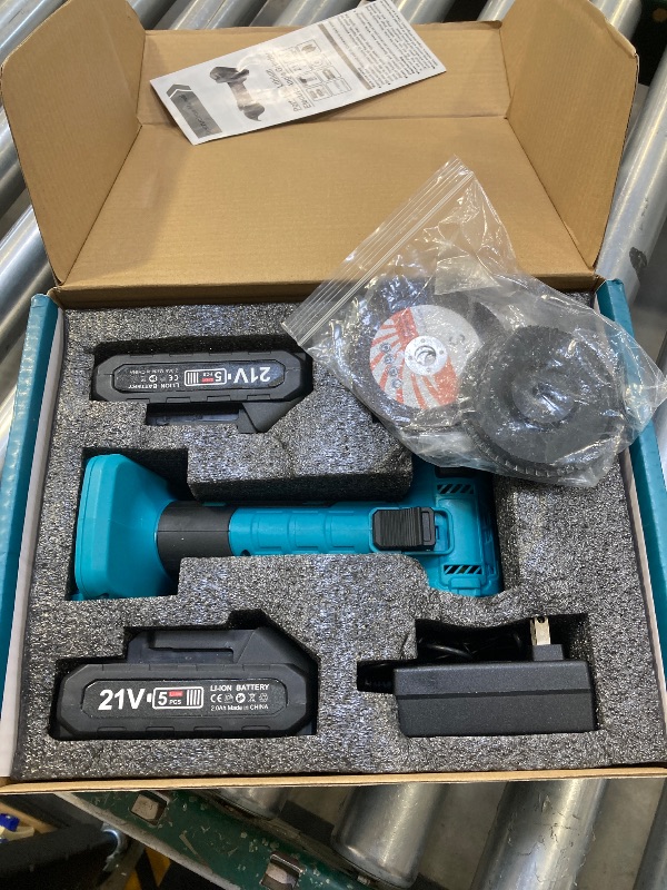 Photo 1 of Cordless Angle Grinder Kit, 19000rpm Brushless Mini Angle Grinder with 2PCS 2000mAh Battery & 7pcs Cutting Discs, 21V Electric Cordless Grinder Tool for Metal Wood Polishing Rust Removal