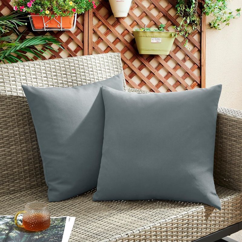 Photo 1 of puredown® Outdoor Waterproof Throw Pillows, 22 x 22 Inch Feathers and Down Filled Decorative Square Pillows for Garden Patio Bench, Pack of 2, Grey
