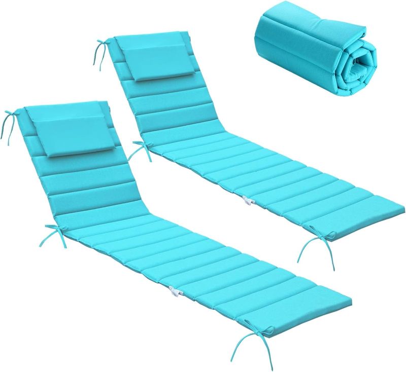 Photo 1 of Chaise Lounge Cushions Outdoor Set of 2- Foldable Olefin Pool Lounge Chair Cushions with Ties,Headrest, 80x26 Inch, Waterproof Lounge Chair Pads Replacement for Lawn Garden, Lake Blue
