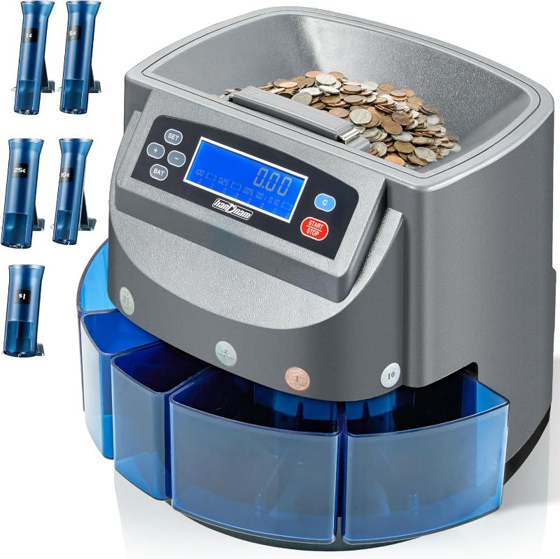 Photo 1 of Coin Counter Machine, Electric Coin Sorter Sort 270 Coins/Minute, USD Change Counter Machine,500 Coins Capacity Automatic Coin Sorter and Wrapper Machine, Coin Counting Roller Machine with LCD Display
