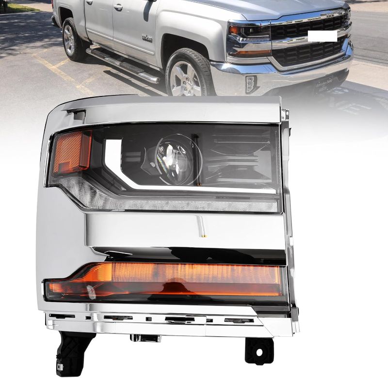 Photo 1 of Headlight Assembly Fit for 2016-2018 Chevy Silverado 1500/2019 Silverado 1500 LD,HID/Xenon Headlamp with LED DRL OE Style Chrome Bezel Replacement Right Passenger Side No Bulbs
