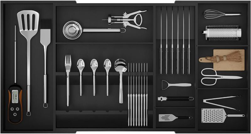 Photo 1 of Bamboo Silverware Drawer Organizer, 17.7-29.5 Inch Expandable Large Kitchen Drawer Organizer, 5-8 Slot Flatware with Removable Card Slots & Knife Block for Spoon Butter Knive, Black
