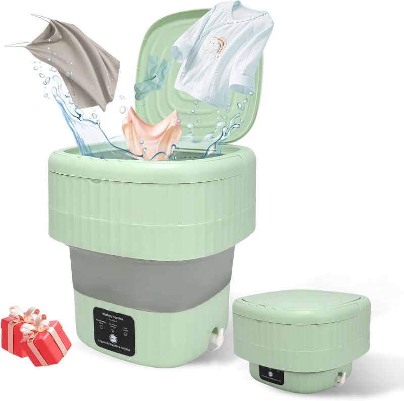 Photo 1 of Mini Portable Washing Machine, 9L, 3 Modes, Blue Light Disinfection, Ideal for Underwear, Socks, Baby Clothes. Foldable for Space-Saving, Perfect for Apartments, Hotels, Camping & Travel (Green)
