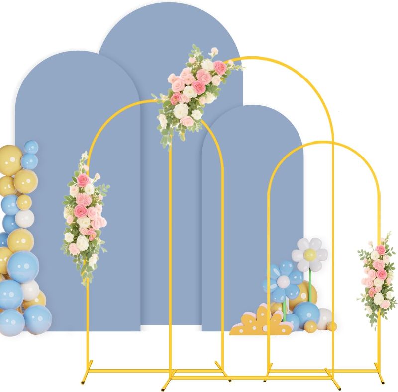 Photo 1 of Metal Arch Stand and Cover Set 7.2FT, 6.6FT, 6FT Dusty Blue Arch Cover Set of 3 Gold Arched Frame Balloon Background Arches Stand with Cover for Wedding Ceremony Birthday Party Baby Shower Decor
