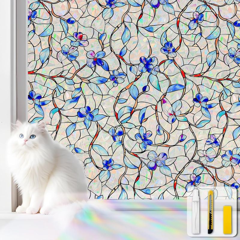 Photo 1 of Window Privacy Film Stained Glass Decorative Static Clings Rainbow Window Tint for Home Room Decor Bathroom Door Car Stickers with Iridescent Effect, Removable(Blue Violet Botanical)
