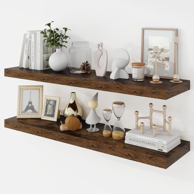 Photo 1 of 36 Inch Floating Shelves, 9.3" Deep Floating Shelf Wall Mounted, 36" Wall Shelves, Rustic Deep Bookshelf, Large Display Shelves & Storage Shelves for Bedroom, Living Room, Brown, Set of 2
