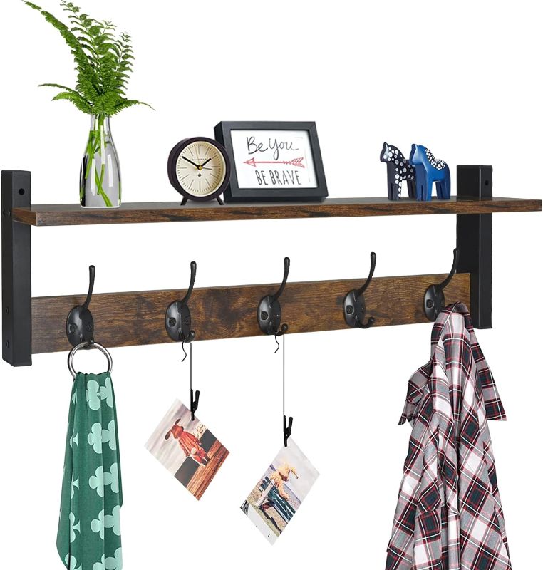 Photo 1 of Homode Coat Rack with Wall Mount, 24 Inch Long Entryway Wall Shelf with Hooks, Wood Hanger with Storage Shelf for Bathroom, Hallway, Rustic Brown Black
