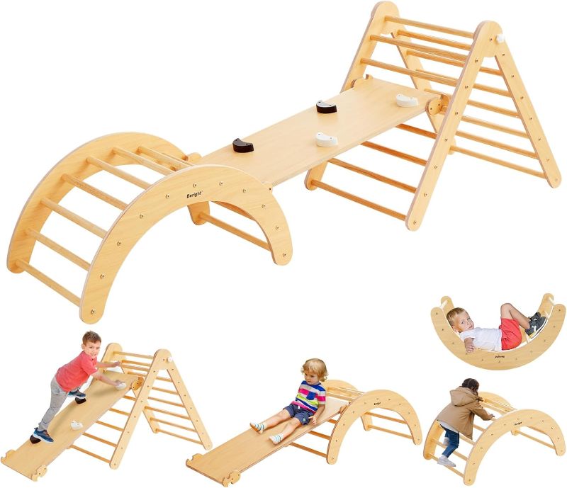 Photo 1 of Beright 4 in 1 Pikler Triangle Set Upgraded, Foldable Toddler Climbing Toys Indoor Playground, Montessori Learning Toys, Kids Indoor Gym with with Arch, Ramp, Learning Waldorf Toy, Black&White
