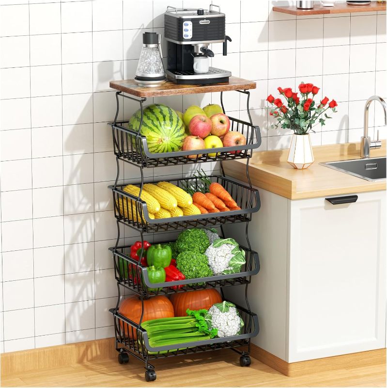 Photo 1 of Fruit Vegetable Basket for Kitchen, 5 Tier Stackable Fruit Vegetable Storage Baskets with Wheels, Metal Wire Storage Basket Organizer Baskets for Kitchen, Pantry, Bathroom
