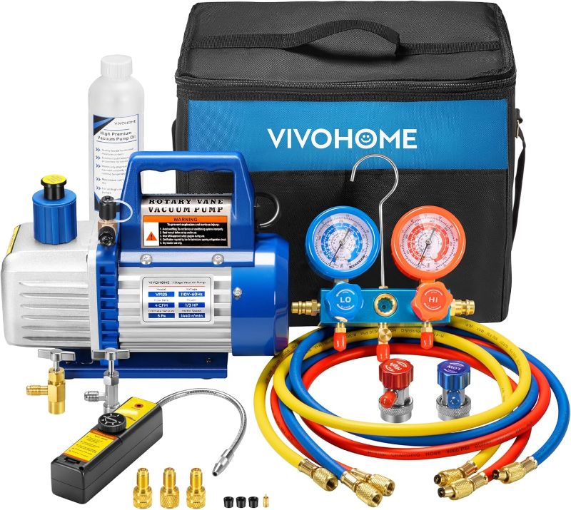 Photo 1 of VIVOHOME 110V 1/3 HP 4CFM Single Stage Rotary Vane Air Vacuum Pump and R134a AC Manifold Gauge Set Kit with Leak Detector Carry Bag for HVAC Air Conditioning Refrigeration Recharging ETL Listed
