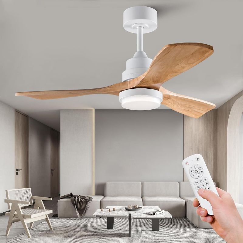 Photo 1 of 42 Inch Outdoor Ceiling Fans with Lights and Remote, Dimmable 3 Blade Wood Outdoor Ceiling Fans for Patios, White Natural Wood Bedroom Ceiling Fan with Light, DC Motor
