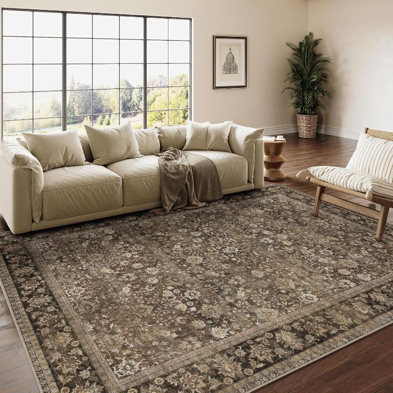 Photo 1 of 8x10 Machine Washable Rugs Brown Hallway Large Area Rug Indoor Accent Rug Floral Low Pile Carpet Soft Throw Aesthetic Rug Bedroom Living Room Office Dining Room Kitchen Laundry Room
