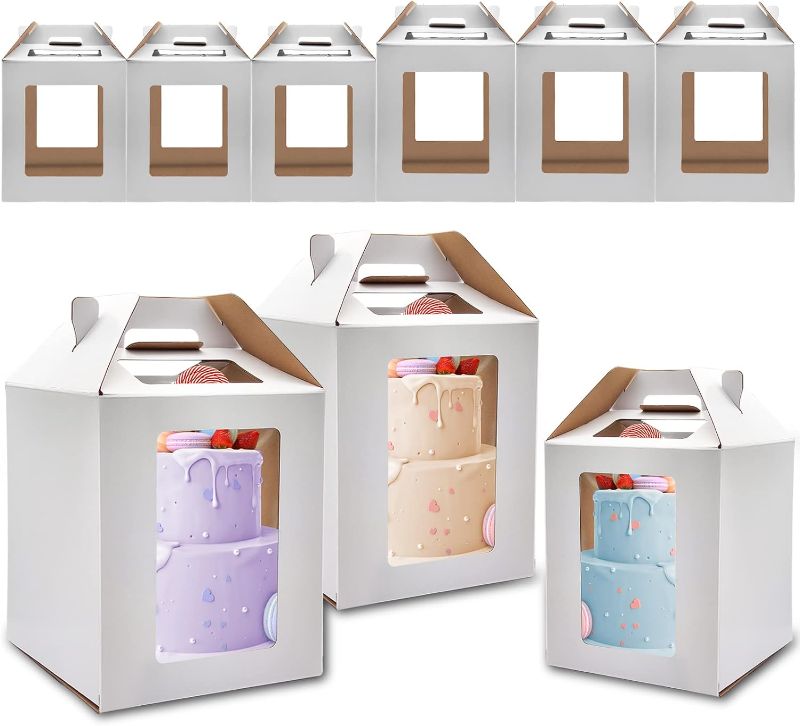 Photo 1 of KBG Tall Cake Boxes 6pcs 14x14x16 and 16x16x18 Inches White With Window for Tier Cakes, Wedding, Birthday Transport - Large With Handle, Disposable Containers
