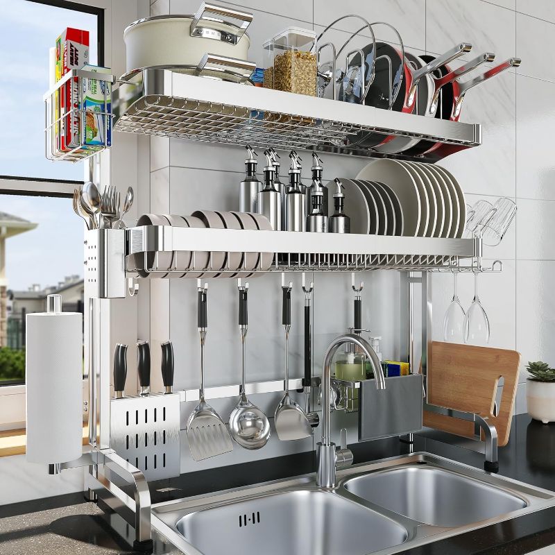 Photo 1 of Over The Sink Dish Drying Rack,3 Tier Adjustable Length Full Stainless Steel Large Storage Kitchen Dish Rack,for Kitchen Counter Expandable Multifunctional Organizers,Silver (25.98-37.6")
