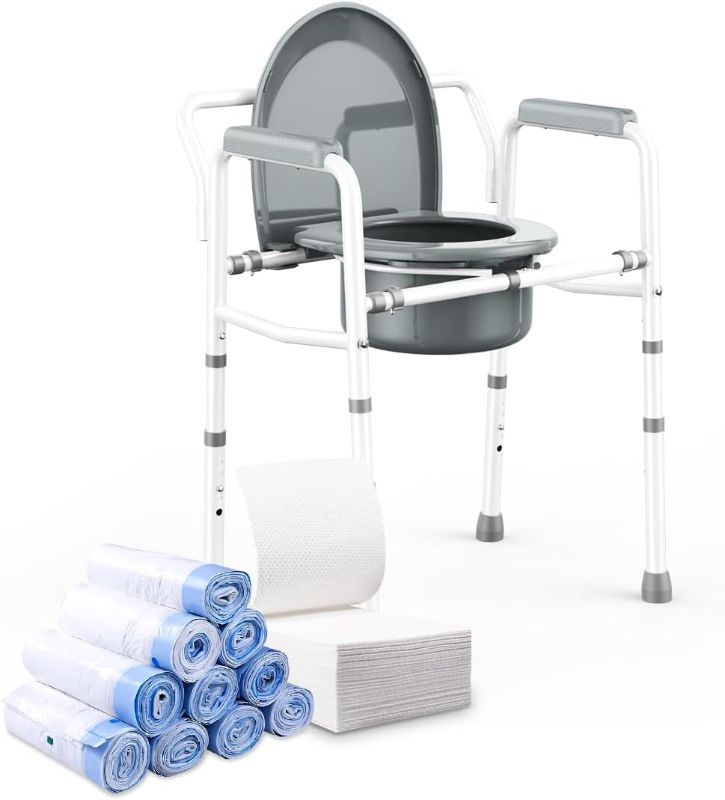 Photo 1 of 3 in 1 Bedside Commode with Arms 350 lbs + 50 Pack Commode Liners with Super Absorbent Pads, Adults Commode Chair 6QT Bucket with Lid Included, Easy Cleaning, Tool-Free Assembly
