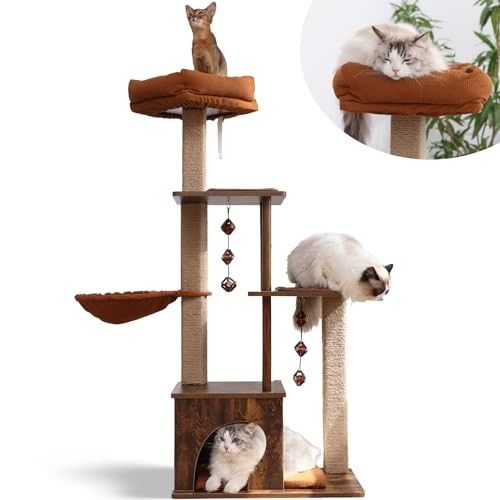 Photo 1 of FUKUMARU Cat Tree, 4 in 1 Large Modern Cats Tower with Jute Scratching Post and Hammock, Wood Cat Condo with Silvervine Balls, Brown Cat Climber Stand
