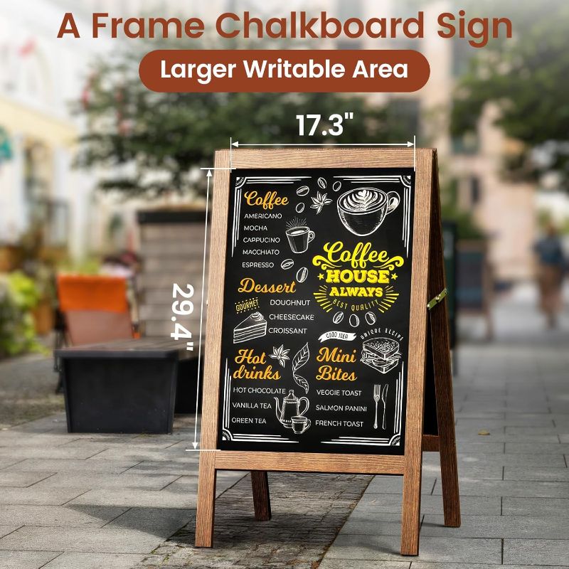 Photo 1 of A Frame Chalkboard Sign, 40"x20" Extra Large Sidewalk Chalk Board, Wooden Standing ChalkBoards Set with Markers, Double-Sided Magnetic Blackboard for Cafés, Weddings, Party Guide, Brown
