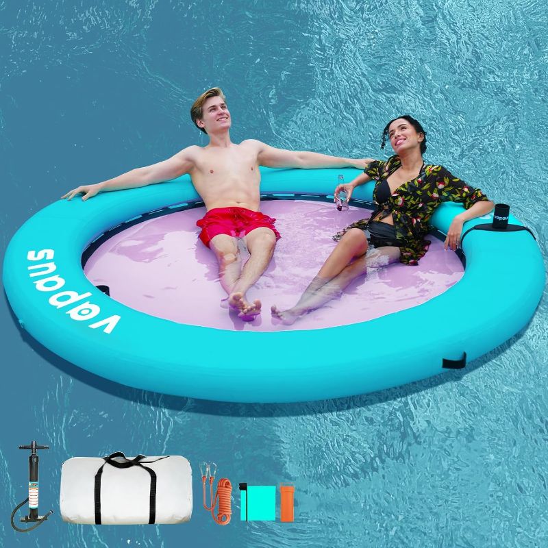 Photo 1 of Vapaus Round Floating Ring Inflatable Water Hammock Heavy Duty Lake Raft Float for Adults Tanning Pool Lounger Platform Mat with Pump Cup Holder Anchor Rope for Beach Party Dock Boat, Green
