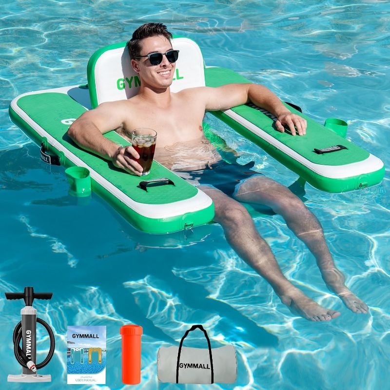Photo 1 of GYMMALL Inflatable Tanning Pool Lounger Float, 47" L×39" W Pool Chair Float for Adults, Sunchill Floating Chair Dock for Outdoor Lake, River and Beach with Storage Bag and 2 Cup Holders
