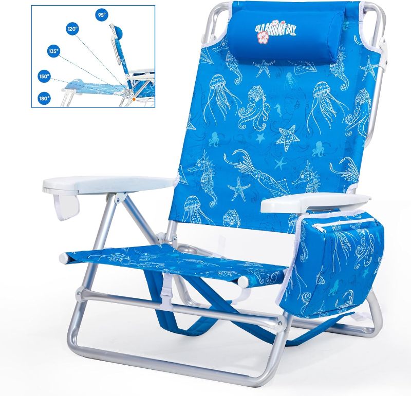 Photo 1 of Reclining Beach Chair Backpack 5-Position Lay Flat Lounge Chair for Adults Heavy Duty Portable Folding Lightweight with Cooler Bag Camping Chair for Sand Outdoor

