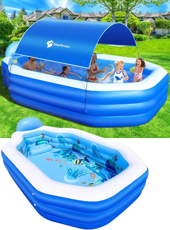 Photo 1 of StarOcean Inflatable Pool with Canopy, Large Inflatable Swimming Pool for Kids,Adult, Blowup Pools with Seats,Backrest.Durable Thickened Inflatable Family Pools for Backyard,Dark Blue-120"x75"x20"
