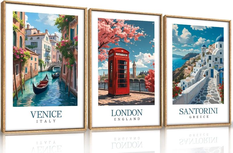 Photo 1 of HLNIUC Italy Coast Wall Art Framed, Blue Europe Cityscape Italian Wall Decor set of 3 (16"x24"), Venice London Santorini Travel Landmark Beach Canvas Painting for Living Room, Bedroom, Office
