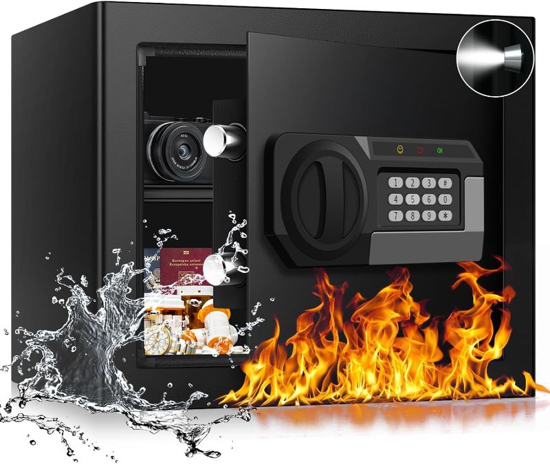 Photo 1 of 1.6 Cub Fire Proof Safe for Home Documents, Anti-Theft Digital Security Box with Electronic Keypad Lock and Spare Key, Small Safes for Home Use Fire and Water proof for Money Jewelry Valuables
