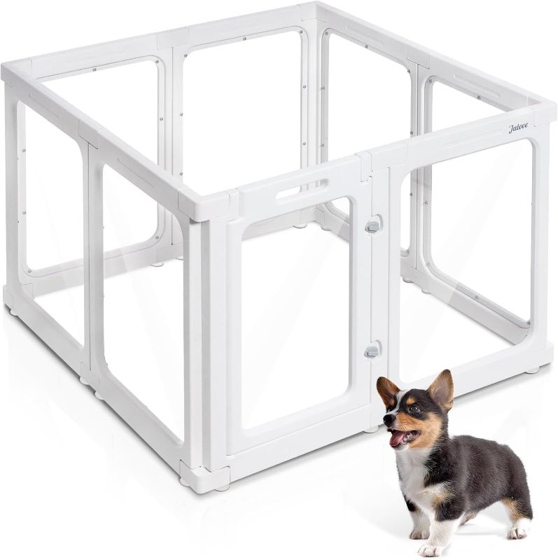 Photo 1 of Jalove Clear Dog Playpen Indoor, 24" Acrylic Plastic Pet Play Pen with Door, Playpen for Puppy Cat Rabbit Ferret, Easy to Install Preferable Playpen for Small Dogs, Customizable, White 8 PCS
