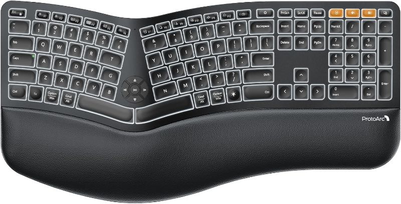 Photo 1 of ProtoArc Backlit Bluetooth Ergonomic Keyboard, EK01 Plus Full Size Wireless Split Keyboard with Dual Bluetooth and USB, Cushioned Wrist Rest, Rechargeable, Compatible with Windows/Mac/Android, Black
