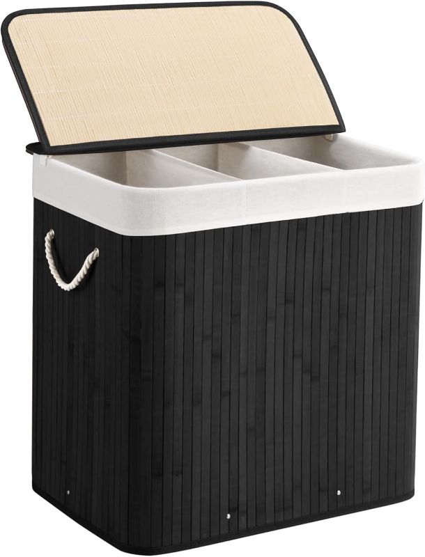 Photo 1 of 150L Laundry Hamper with lid, 3-Section Clothes Laundry Basket with Handles, Large Collapsible Bamboo Baskets for Bedroom, Bathroom, Dorm, Ink Black
