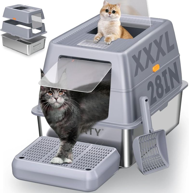 Photo 1 of XXXL Stainless Steel Litter Box with Lid?Extra Large 28"L*20"W*18.1"H Metal Cat Litter Boxs,Jumbo Enclosed Removable Litter Box High Sides For Big Cats,with Cat Litter Scoop, Leak-Proof, Easy to Clean
