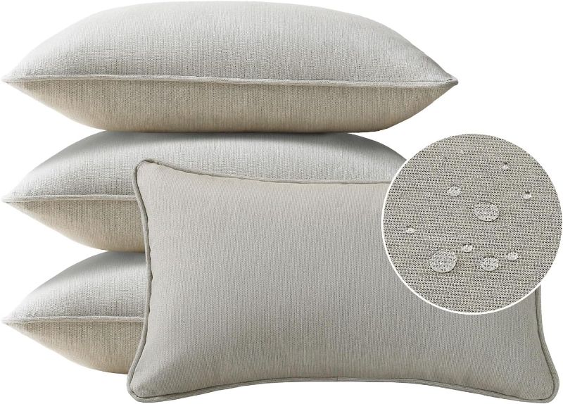Photo 1 of Sunbrella Decorative Outdoor Water Repellent Throw Pillows with Inserts, Set of 4, 20" x12" Pillows for Patio, Backyard, Bed, Couch, and Patio Furniture, Specrtum Pebble
