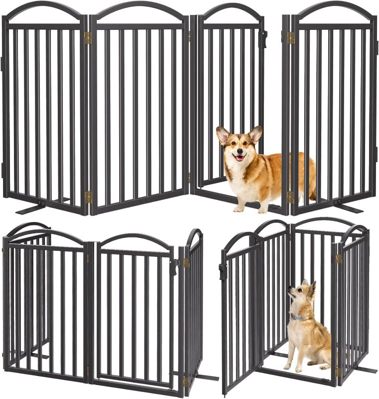 Photo 1 of Malier Metal Freestanding Dog Gates with Door, 36'' Height Outdoor Indoor Dog Fences, Extra Wide Foldable Puppy Gate for Stairs (Black, ?4 Panels with Door? 80''W × 36''H)
