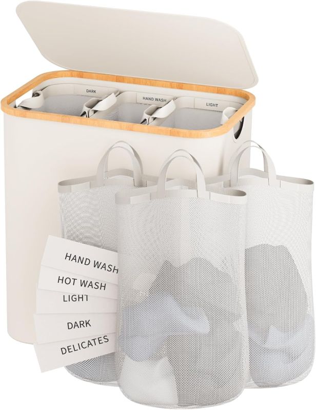 Photo 1 of Laundry Hamper with Lid, 160L Dirty Clothes Hamper for Laundry Basket 3 Section, Extra Large Laundry Sorter Hamper 3 Compartment with Removable Inner Bags & Labels, Beige
