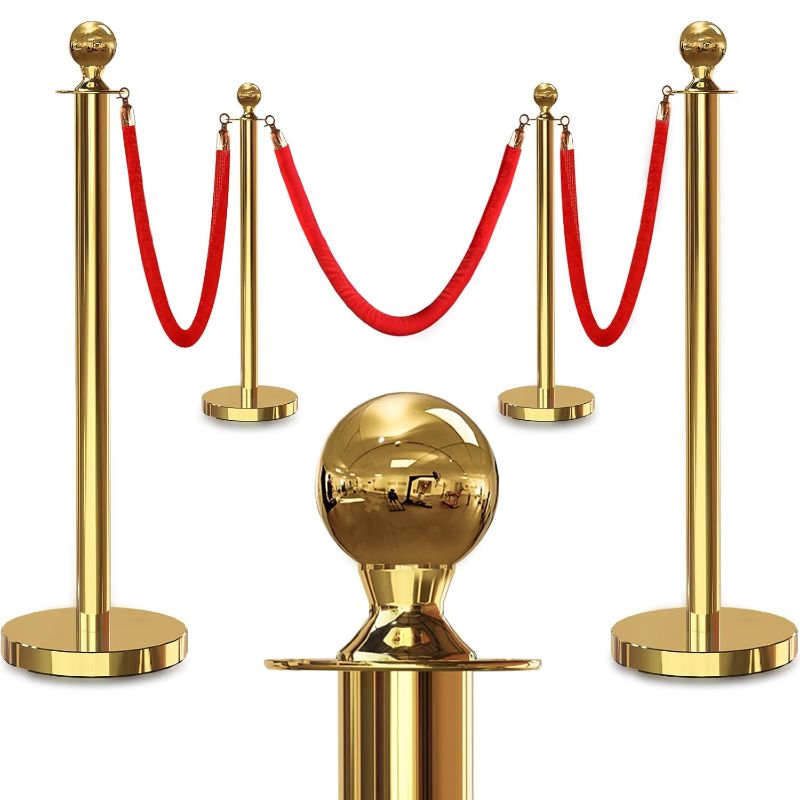 Photo 1 of 4PCS Gold Stanchions Posts with 3PCS 5 ft Red Velvet Rope, Red Velvet Rope Stanchion Set Crowd Control Barriers, Stanchions and Velvet Ropes Red Carpet Poles for Party Supplies
