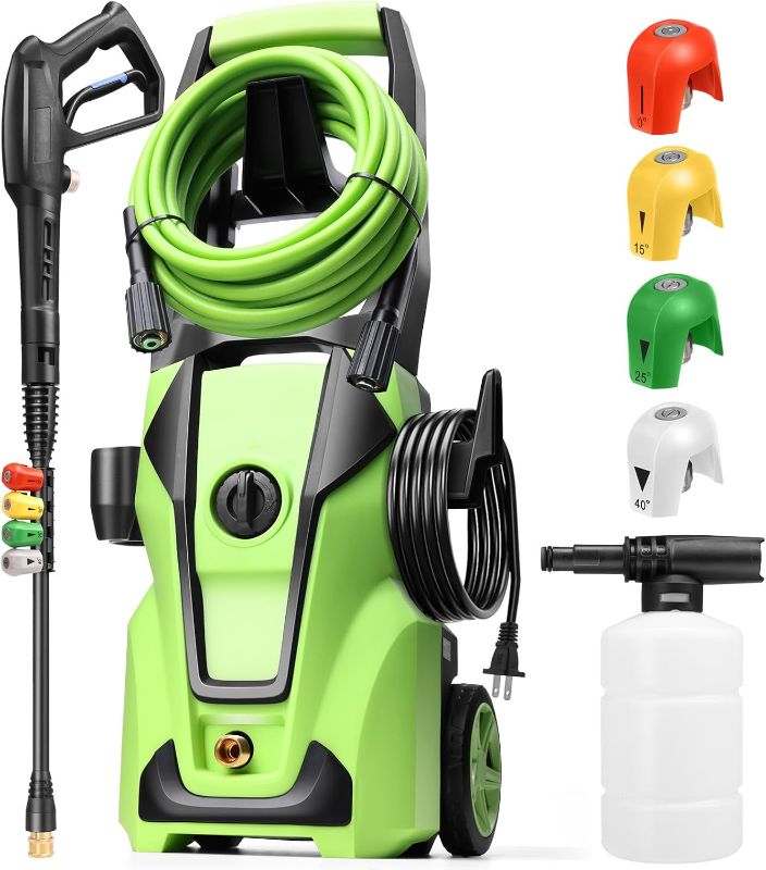 Photo 1 of Pressure Cleaner 5000PSI Max 4.0GPM with 33FT Flexible Extension Hose, 4 Nozzles, Foam Cannon, Power Cleaner Powered for Cars, Patios, Driveways, Green
