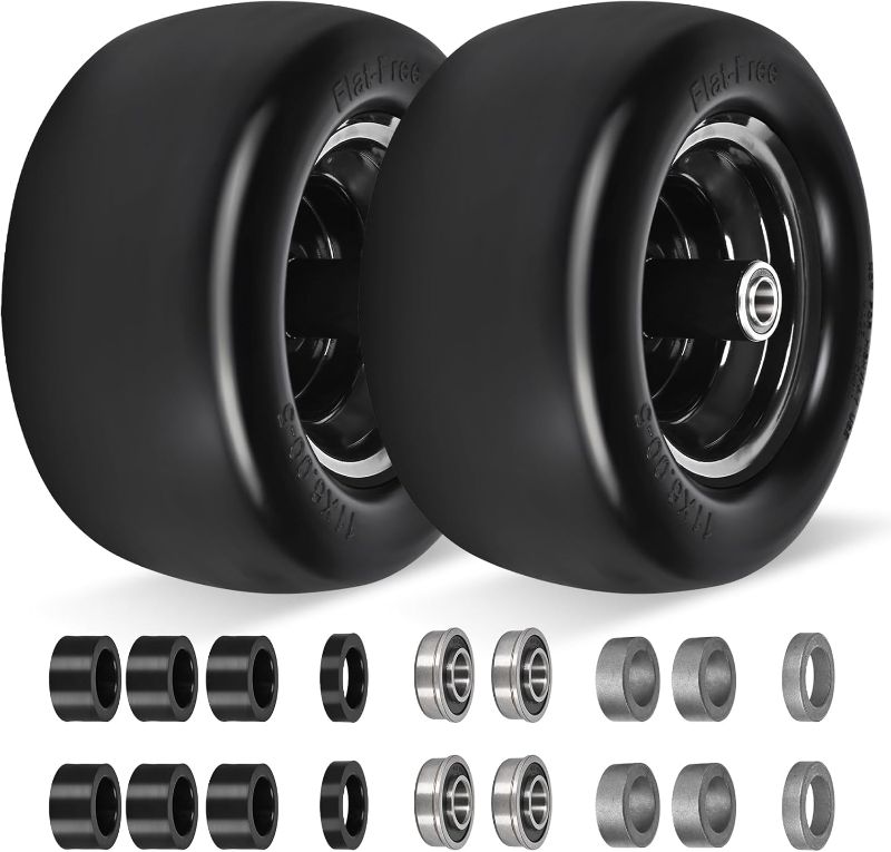 Photo 1 of 2 Pack 11x6.00-5" Flat Free Tire,Solid Rubber Lawn Mower Tires Kit with 3/4" 5/8" Bushings and 6"- 8" Centered Hub,11x6-5 Tire and Wheel Assemblies for Zero Turn Mower
