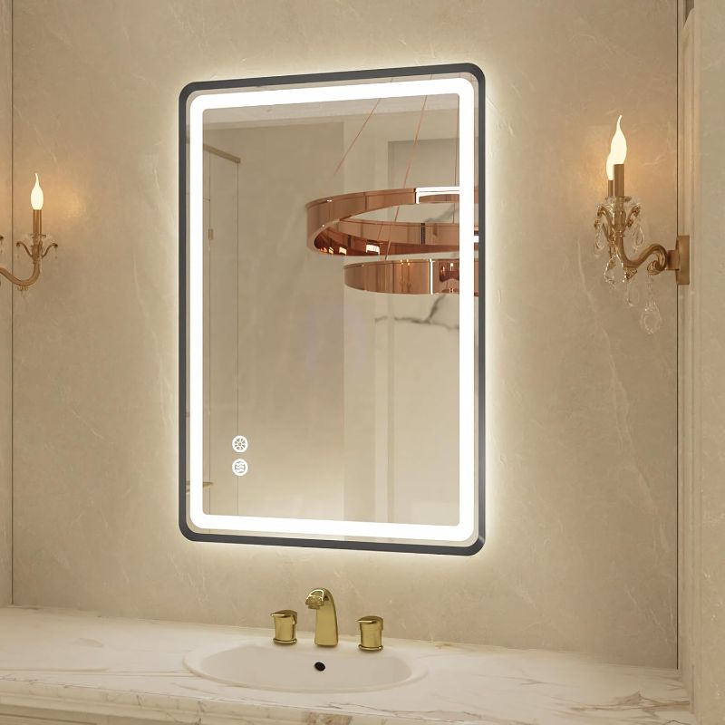 Photo 1 of 20"x 28" LED Bathroom Mirror with Black Framed, Front and Backlit, Lighted Bathroom Mirror for Wall with Stepless Dimmable, Anti-Fog, Memory, 3 Colors, Round Corner LED Vanity Mirror with Lights
