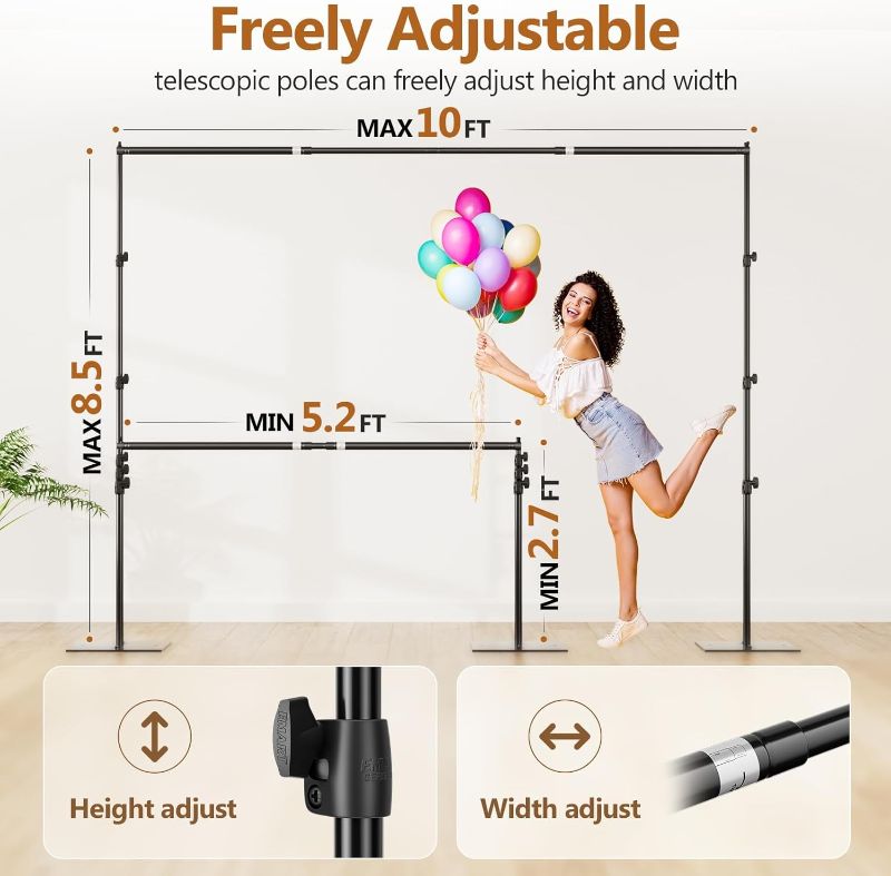 Photo 1 of EMART Backdrop Stand, 8.5ft Height 10ft Width Adjustable Photography Background Support Poles with Heavy Duty Flat Base, Photo Metal Steel Pipe and Drape Frame Kit for Parties Birthday Wedding - Black