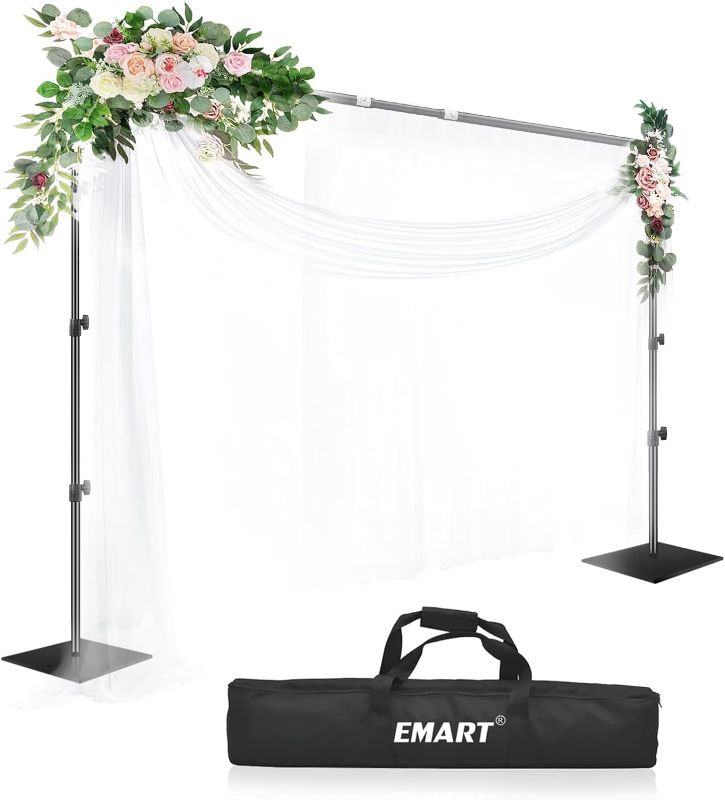 Photo 1 of EMART Backdrop Stand, 8.5ft Height 10ft Width Adjustable Photography Background Support Poles with Heavy Duty Flat Base, Photo Metal Steel Pipe and Drape Frame Kit for Parties Birthday Wedding - Black