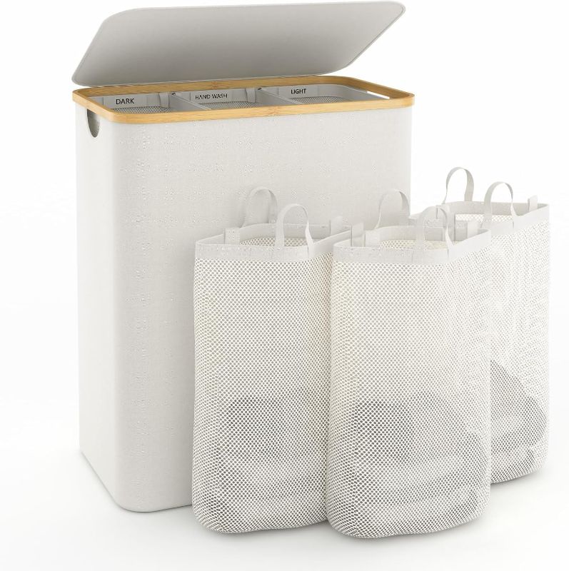 Photo 1 of Hampers for Laundry Basket with Lid, 160L Extra Large Laundry Hamper 3 Section Dirty Clothes Hampers for Laundry Divided Laundry Basket Organizer for Bedroom,Laundry Room,Dirty Clothing Hamper,Beige
