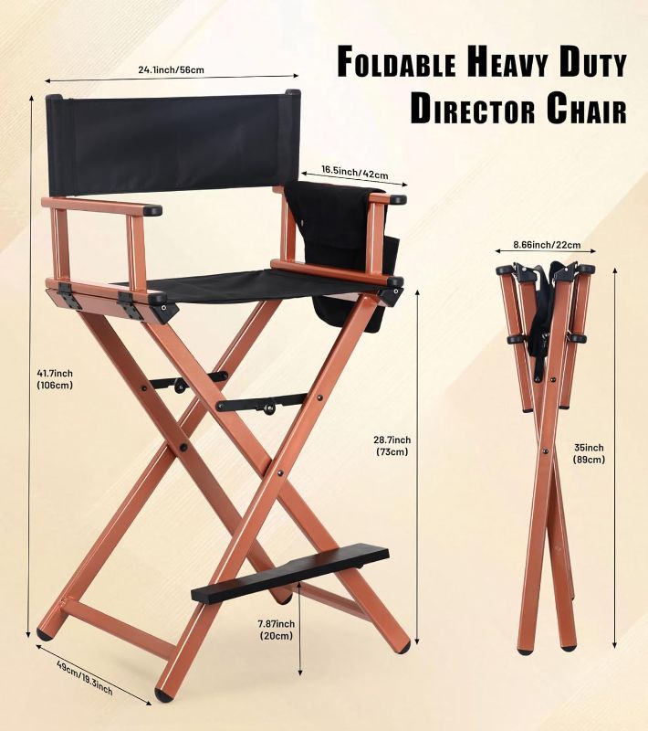 Photo 1 of 30" Height Tall Directors Chair Folding Makeup Chair, with Replacement Cover Canvas, Portable Footrest, Support 250 lbs, Aluminum Makeup Artist Chair for Artist Barber- Rose Gold
