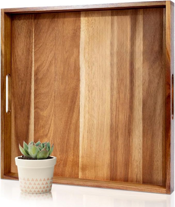 Photo 1 of 20 Inches Square Acacia Wood Ottoman Tray, Extra Large Wooden Serving Tray with Handles for Living Room, Serving Food Breakfast, Ottoman Coffee Table Couch Sofa Kitchen
