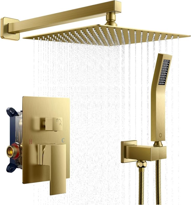 Photo 1 of FORIOUS Rain Shower Head System, 10 Inch Shower Faucet Set with with handheld combo, Solid Brass Pressure Balanced Valve and Trim Kit Fixtures, Wall Mounted, Brushed Gold
