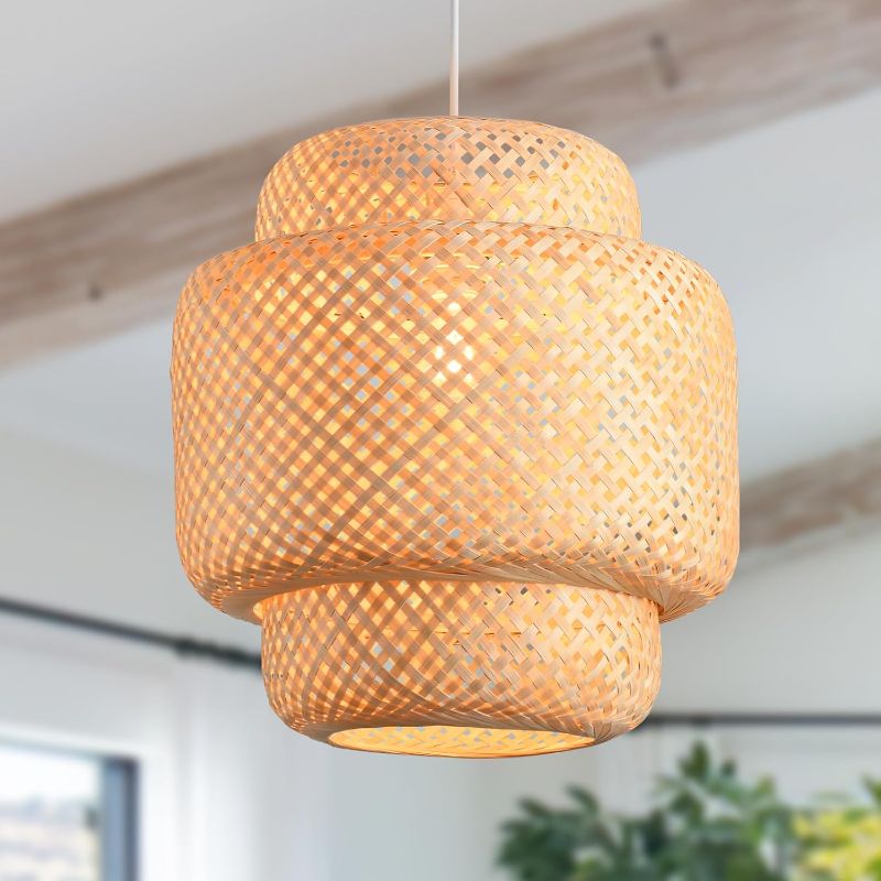 Photo 1 of Boho Bamboo Light Fixture 15.8" Rattan Pendant Light Kitchen Island Farmhouse Chandelier Woven Dining Room Lights Wicker Ceiling Hanging Lighting for Restaurants Foyer Kitchen Over Sink
