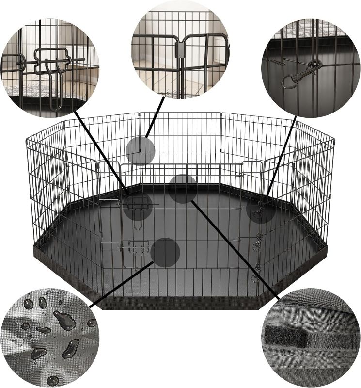 Photo 1 of Artmeer Pet Playpen Puppy Playpen Kennels Dog Fence Exercise Pen Gate Fence Foldable Dog Crate 8 Panels 24 Inch for Pet Animals Outdoor Indoor with Bottom Pad (Black with Bottom pad)
