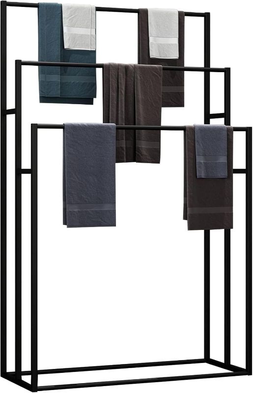 Photo 1 of Large Size Standing Towel Racks for Bathroom, Freestanding 3 Tiers Modern Blanket Rack for Living Room, Metal Towel Ladder (Matt Black)
